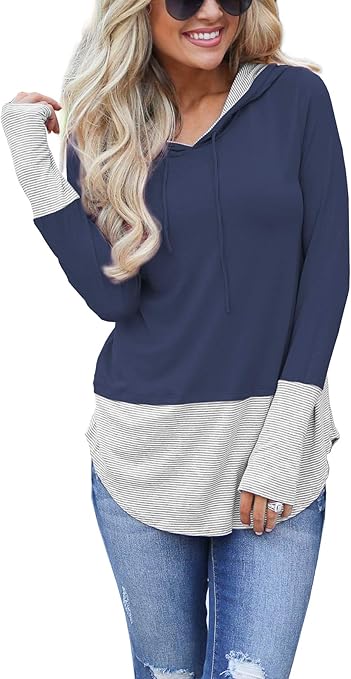 iGENJUN Women's Long Sleeve Pullover Hoodies Tops Casual Color Block Drawstring Sweatshirts with Thumbholes,Navy Blue,S