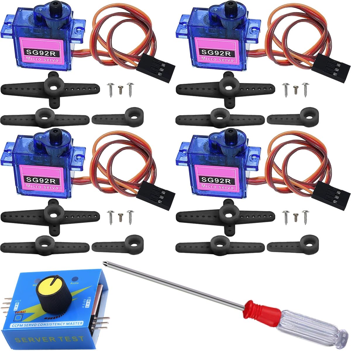 JYUDAUFU 4 Pcs SG92R 9g 180° Micro Servo Motor with Servo Tester, Mini Screwdriver, for RC Toy/Robot/Model Aircraft Intelligent Car Helicopter/for Arduino/for Raspberry Pi/DIY