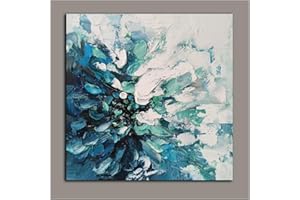 Hand-Painted Abstract Flower Canvas Wall Art, 24x24 Inch Square Textured Oil Painting on Cotton Canvas, Blue Green Floral Art