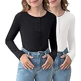 Arshiner 2 Pack Girls Long Sleeve Henley T Shirts Button Down Slim Fit Tops Round Neck Ribbed Knit Shirts