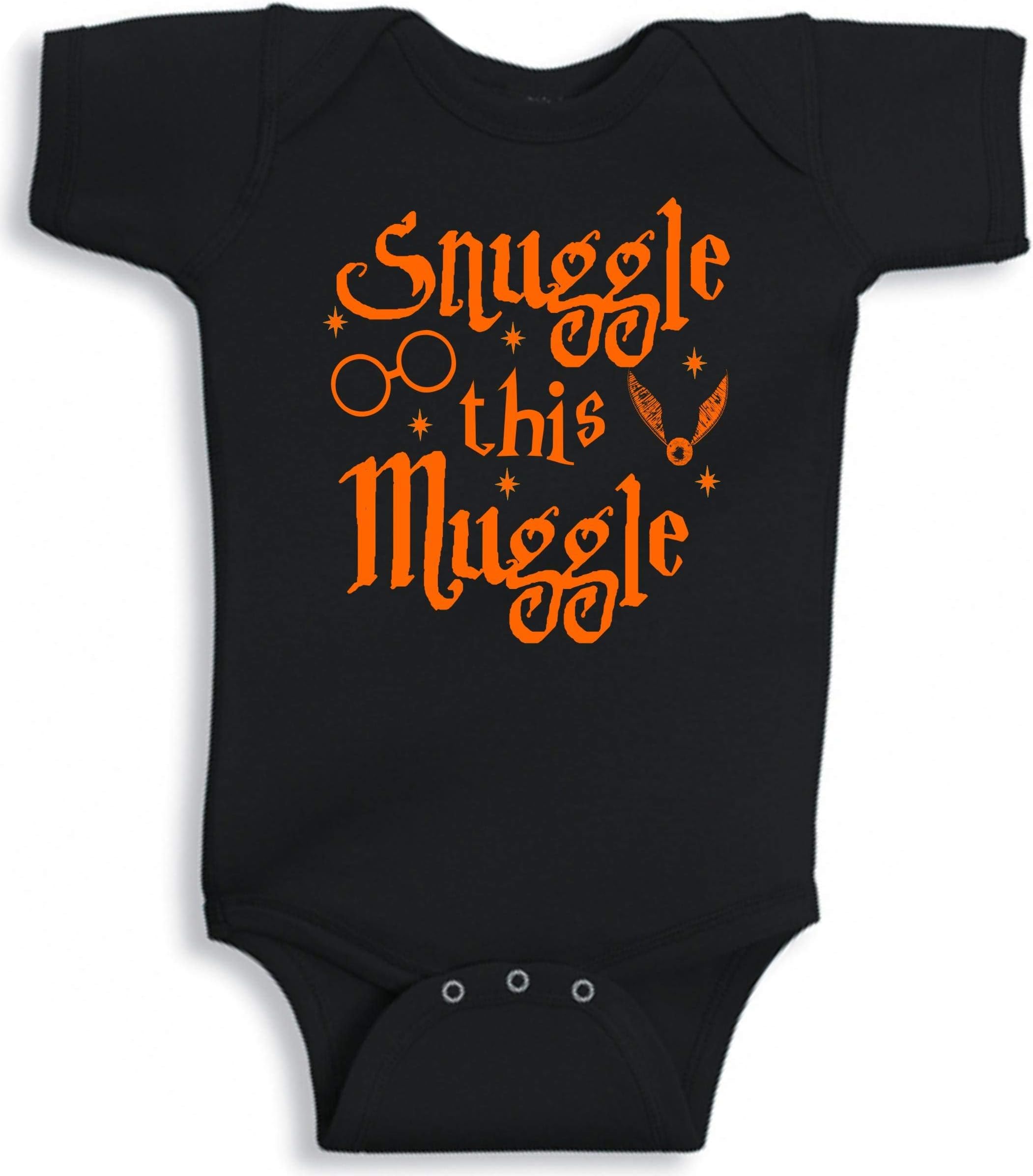 BeeGeeTees Snuggle This Muggle Wizard Baby Wizard Romper Onesie (Boys and Girls) (6 Months, Black-Orange)