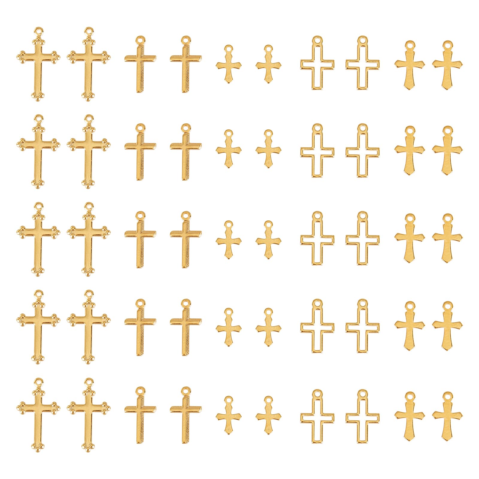NICENEEDED 50 Pcs Real 18K Gold Plated Cross Charms, 5 Styles Brass Crucifix Dangle Pendants, Hollow Cross Charm Necklace Earrings Jewellery Making Findings for DIY Crafts