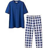Keyocean Mens Pajama Set, Soft Cotton Short-Sleeve T-Shirt & Long Pants PJ Set for Sleeping