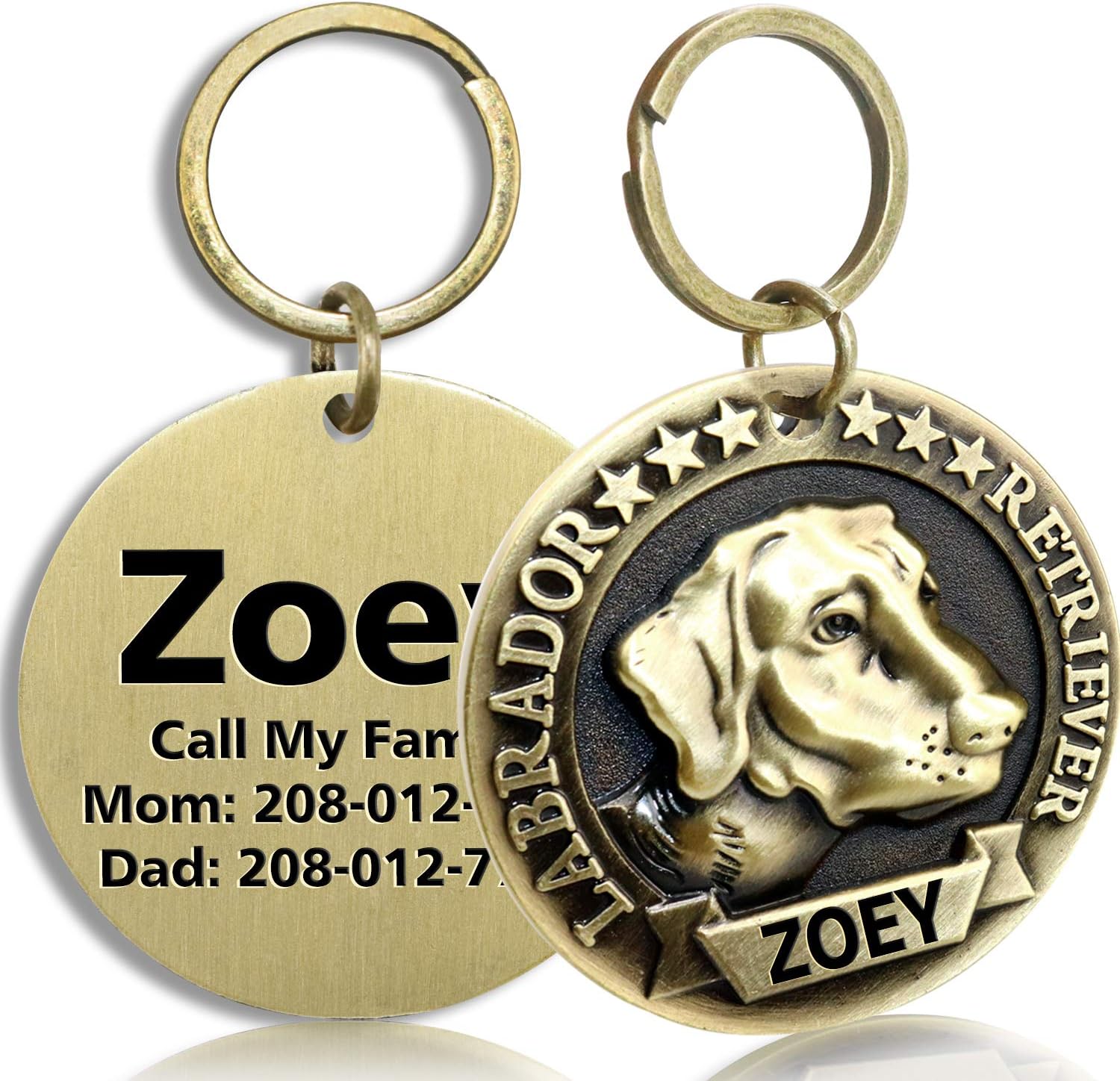 FunTags Bronze Breeds Customized Dog Head 3D Effect Dog ID Tag,High-Relief Copper Dog Tag,Personalized Stainless Steel Front&Back Laser Engraving Dog Name Tag,Labrador Retriever Tag