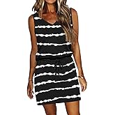 AUSELILY Womens Summer Sleeveless V-Neck Drawstring Waist Beach Cover up Mini Short Swing Dresses with Pockets