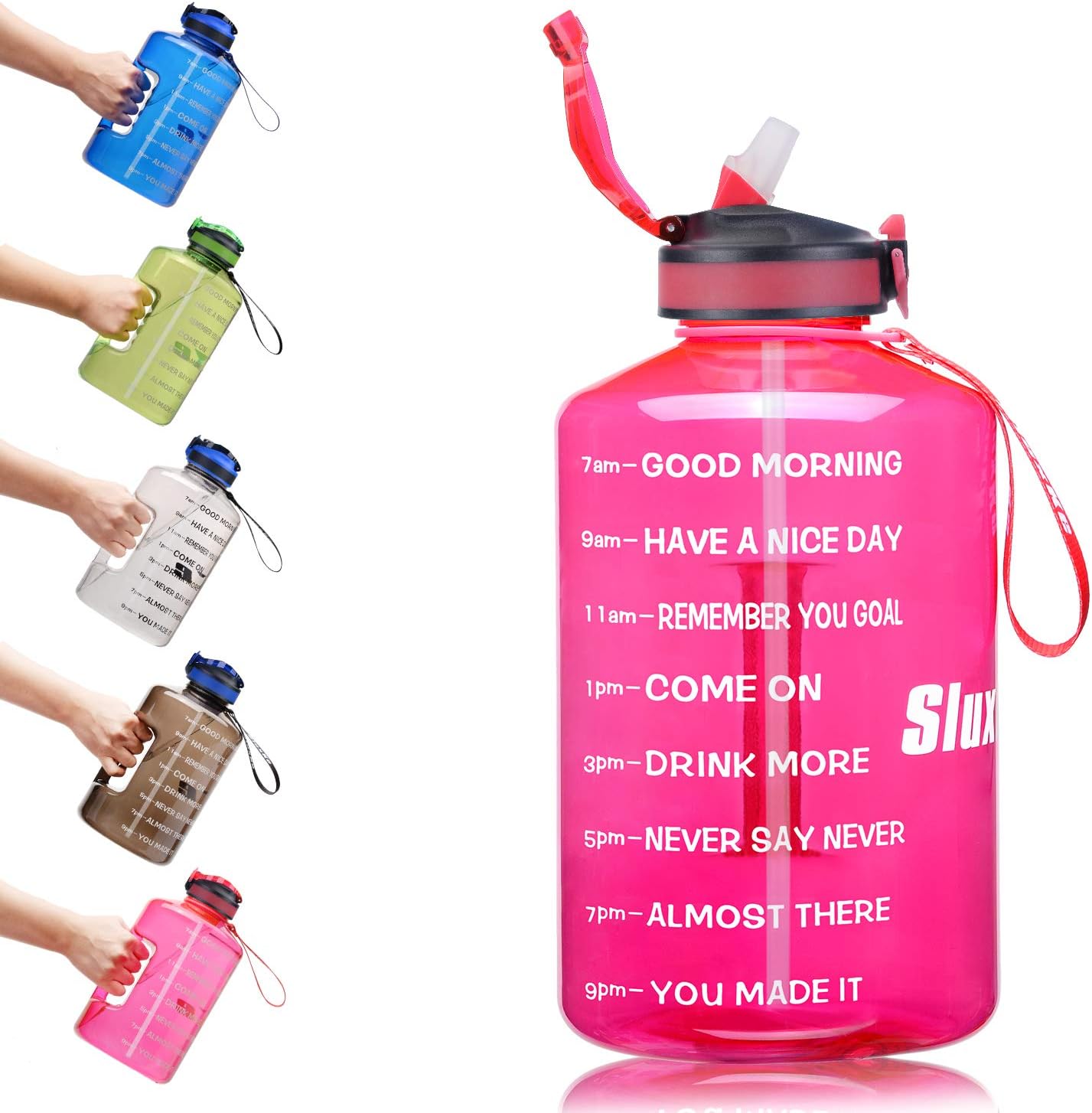 SLUXKE 2.2L Half Gallon Water Bottle with Pop Up Straw and Motivational Time Marker, BPA Free Reusable Leakproof Water Jug,Wide Mouth,Locking Flip-Flop Lid 74oz Big Sports Bottle with Handle