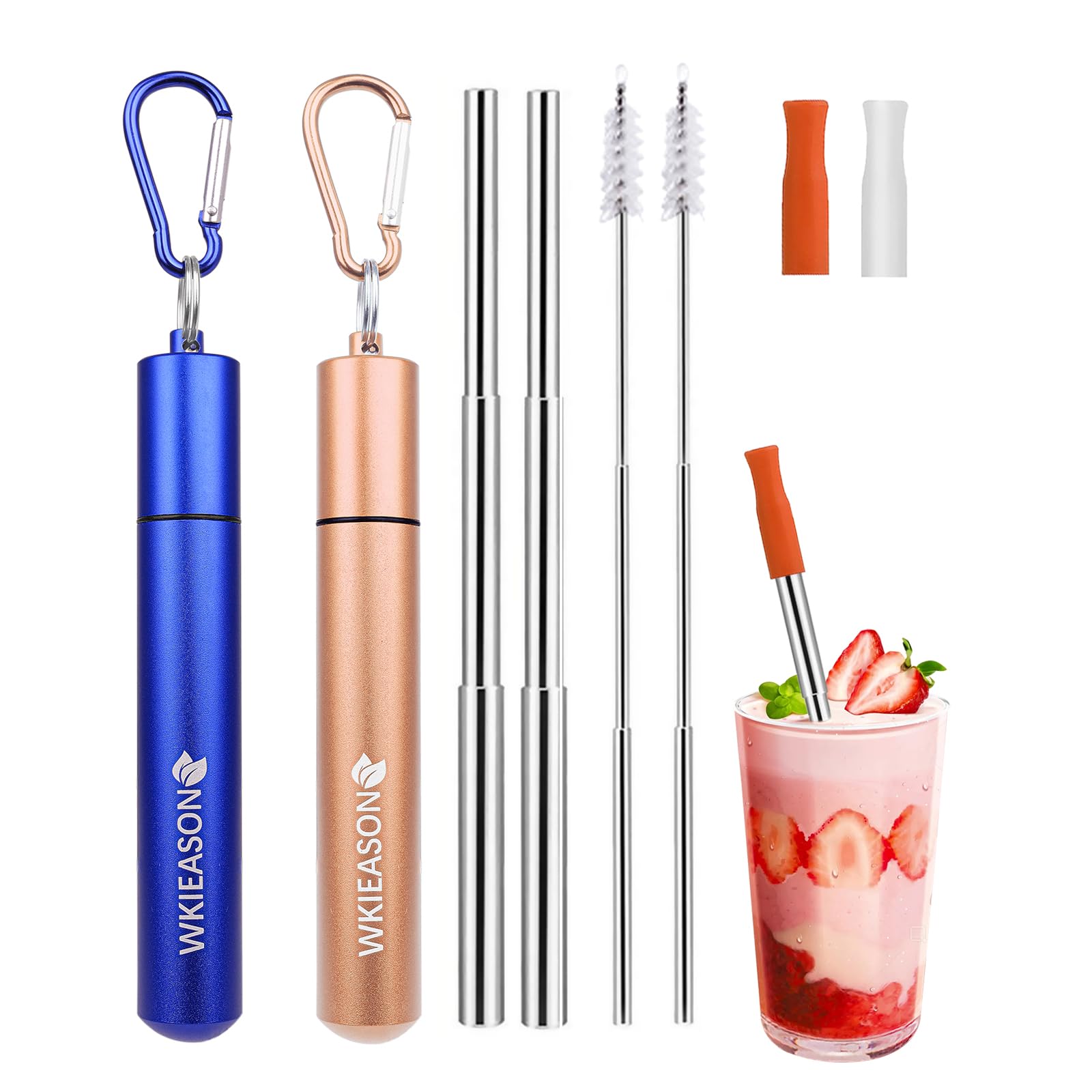 WKIEASON 2 Pack Portable Metal Drinking Straws Collapsible Stainless Steel Straws Telescopic Reusable Straw with Aluminum Key-Ring Case & Cleaning Brush and Silicone Tips for Travel Home Work