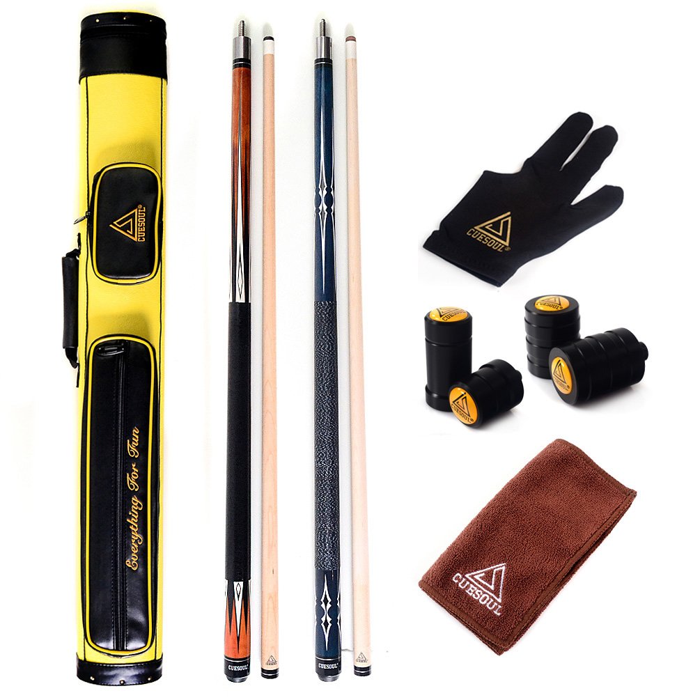 CUESOUL Combo Set of House Bar Pool Cue Sticks - 2 Cue Sticks Packed in 2x2 Hard Pool Cue Case(CS-R209-E205-E103)