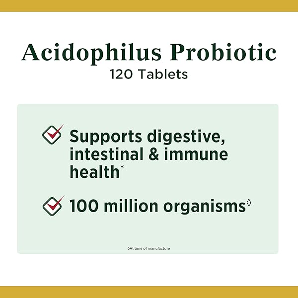 NATURE’S BOUNTY LACTOBACILLUS ACIDOPHILUS PROBIOTIC SUPPLEMENT – DAILY PROBIOTIC FOR WOMEN/MEN DIGESTIVE HEALTH, 100 MILLION ORGANISMS, VEGETARIAN, 1 SERVING PER DAY, 120 TABLETS