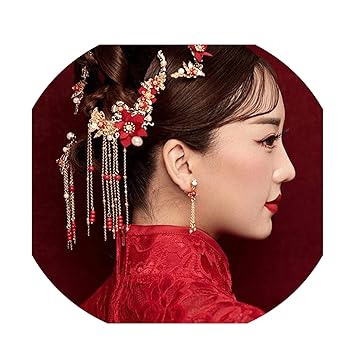 Amazon Com Traditional Chinese Gold Flower Red Pearl Hairpins
