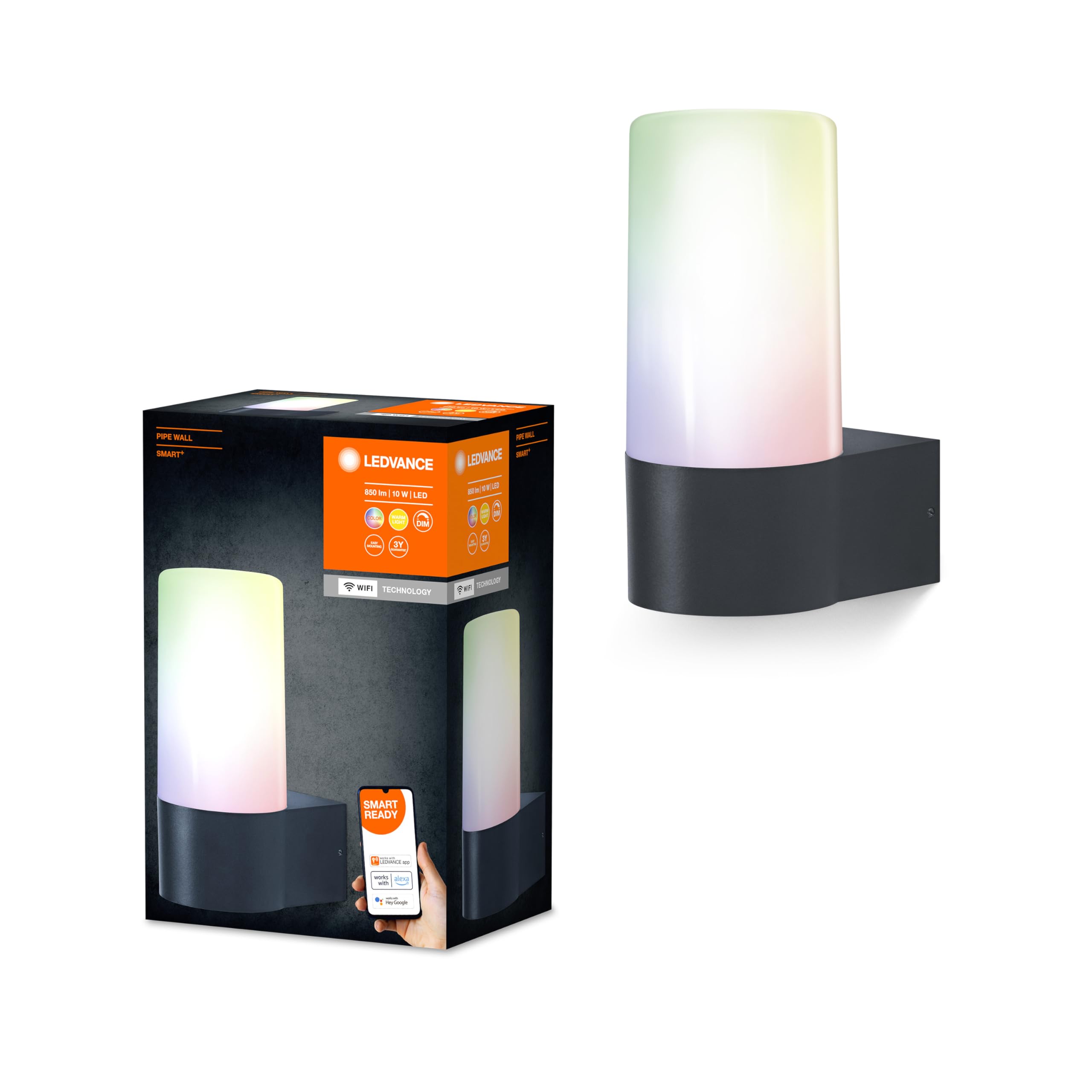 LEDVANCE Smart+ WI-FI Pipe RGBW - Dimmable LED Wall Light Dark Grey for Outdoor Use with High-Quality Aluminium Housing, RGB Colour Control, 10 W, 3000 Kelvin Warm White, 380 Lumen, IP44