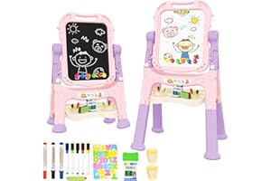 Amagoing Easel for Kids, Adjustable Standing Art Easel for Toddler, Double Side White Chalk Board with Painting Accessories, Birthday Christmas Gift for Little Girls and Boy Age 3 4 5, Pink