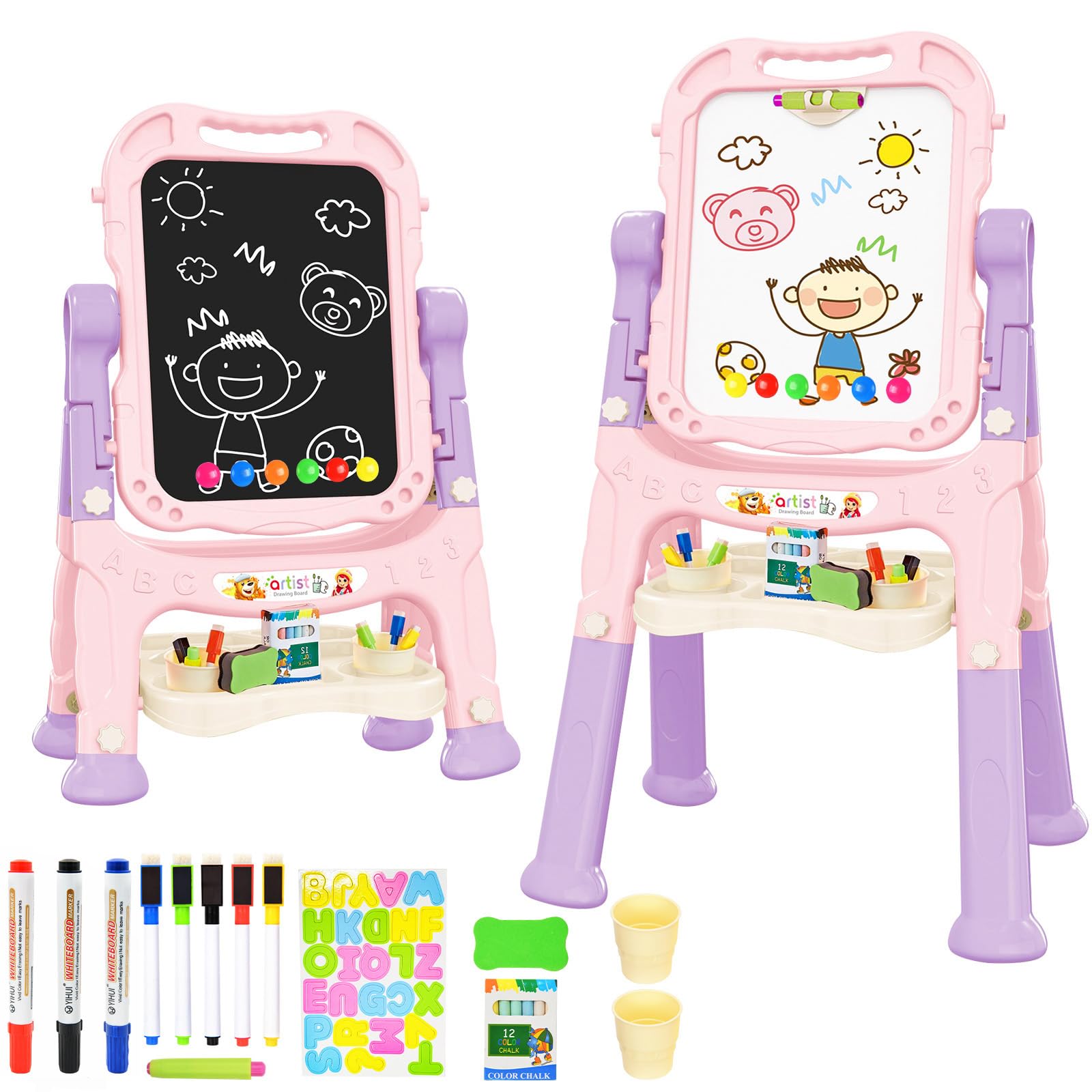 Photo 1 of ***DAMAGED - SEE NOTES/PICTURES*** Amagoing Easel for Kids, Adjustable Standing Art Easel for Toddler, Double Side White Chalk Board with Painting Accessories, Birthday Christmas Gift for Little Girls and Boy Age 3 4 5, Pink