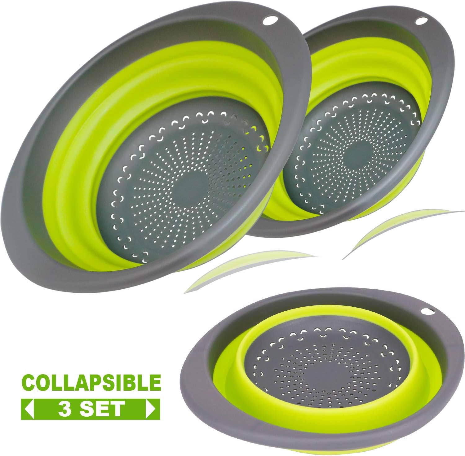 【2019 New Version】3Packs Green Oval Collapsible Colander Set, 2 pcs 4 Quart and 1