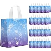 KERINGO 24 PCS Christmas Snowflake Party Gift Bags Winter Candy Treat Goodie Gift Bags with Handle Blue and Purple Non Woven Party Favors for Princess Holiday Birthday Wonderland Party Supplies