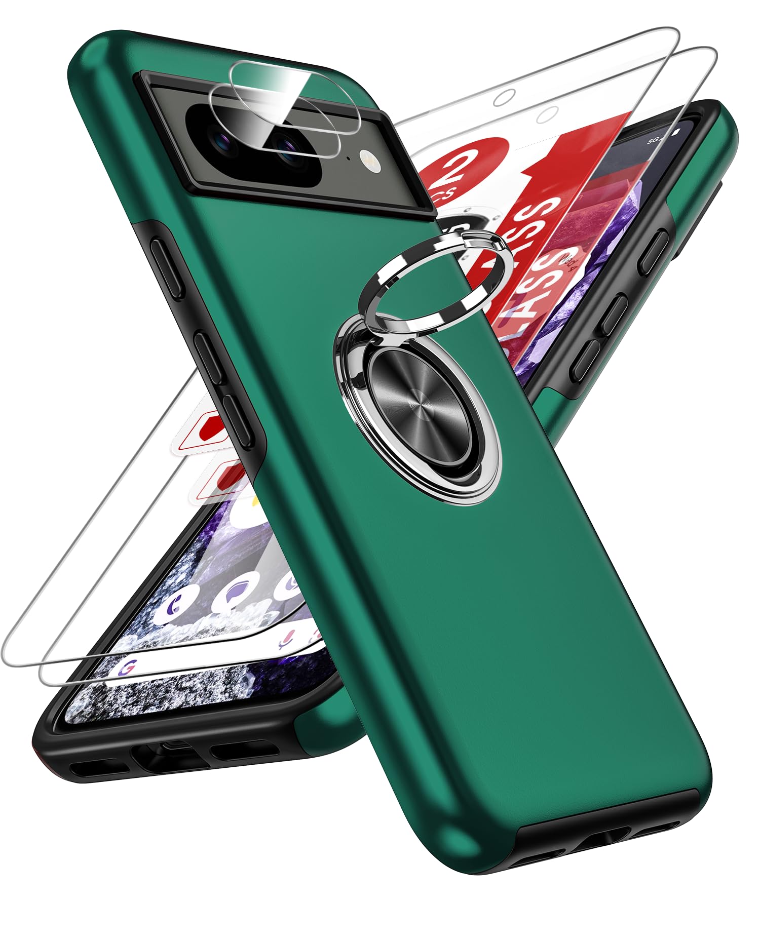 LeYi for Google Pixel 8 Case: and 2 Tempered Glass Screen Protector &2 Camera Lens Protector, with 360 Ring Holder Stand Magnetic Shockproof Heavy Duty Protective Phone Cover for Google Pixel 8 Green — image 1