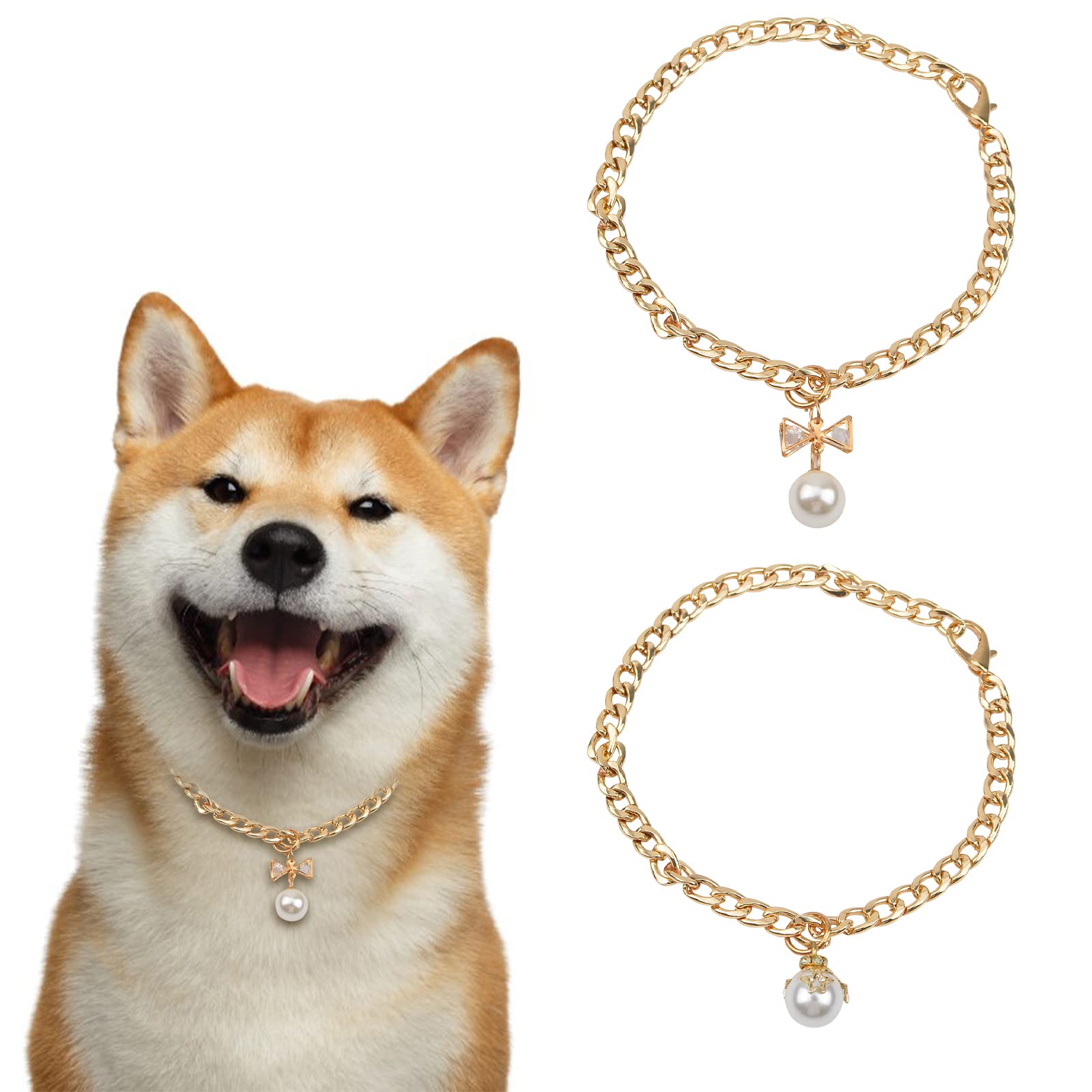 HACRAHO Dog Necklace Collar, 2 PCS Adjustable Golden Dog Necklace with Elegant Pearl Pendant Durable Metal Dog Cuban Chain Collar with Adjustable Buckle for Cats Dogs Puppy