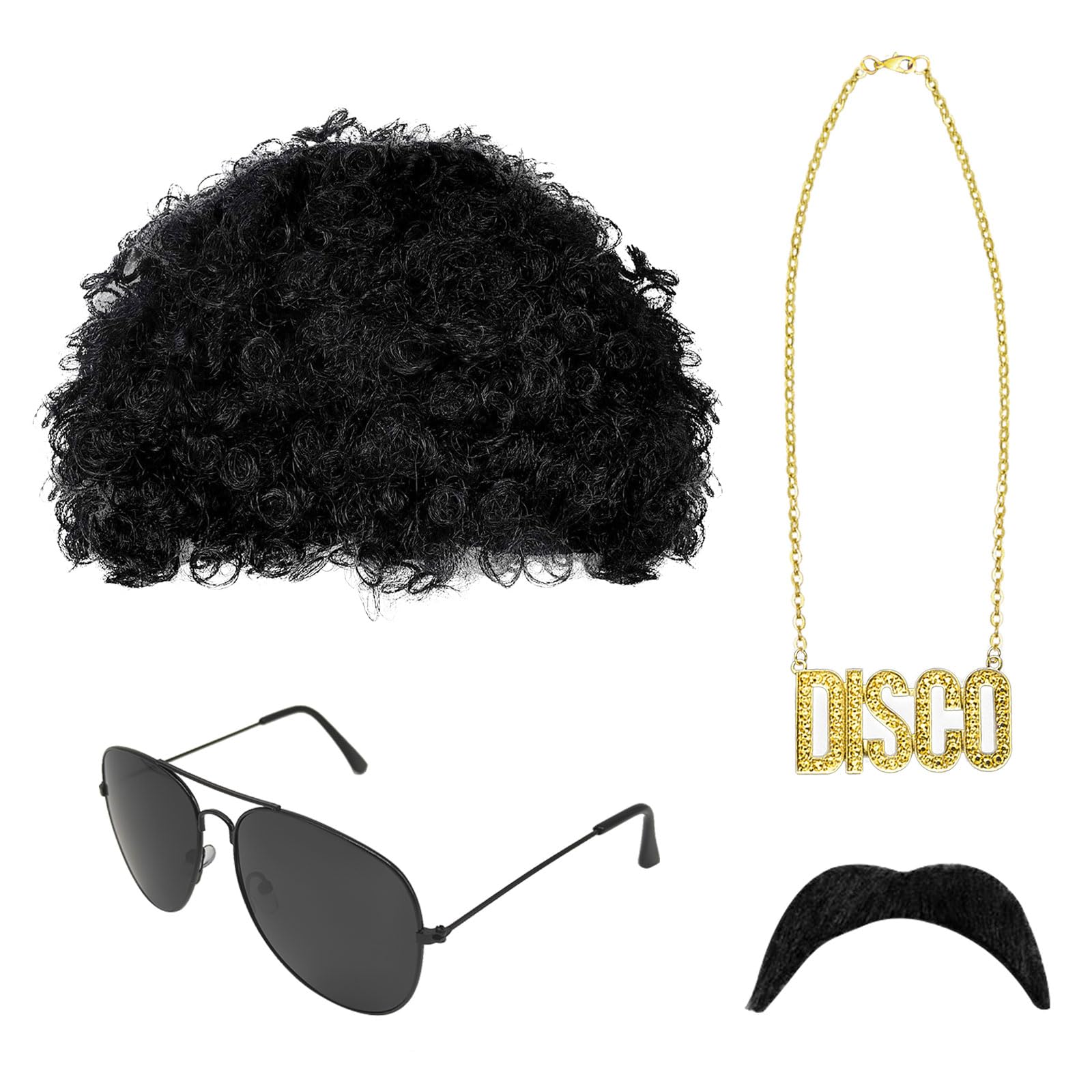 SKHAOVS 4 Pcs Hippie Costume Set, 60s 70s Fancy Dress Mens Accessories, Funky Afro Wig, Afro Hippy Wig, Disco Funky Sunglasses, Necklace, Fake Mustache