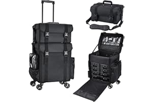 Stagiant Professional Rolling Makeup Case Soft Sided Cosmetology Organizer Wheeled Nylon Train Case Portable Travel Supply Station for Makeup Artist Nail Technician Hair Stylist Crafters