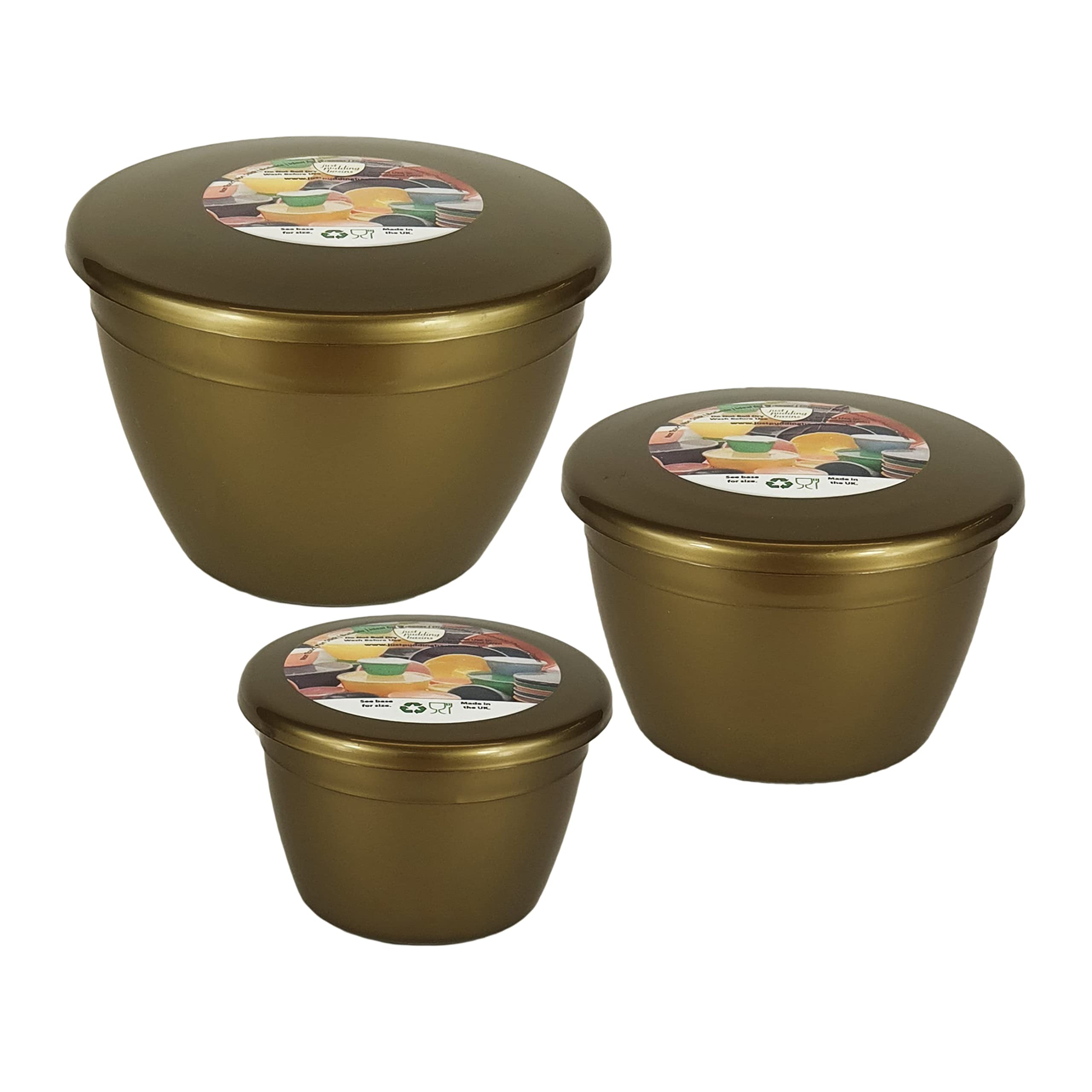 Just Pudding Basins 3 Smaller Sizes in One Set Steam Pudding Bowls, Plastic Basin and Lid 1x 1/4 Pint, 1x 1/2 Pint 1x 1 Pint (Gold) โ image 1