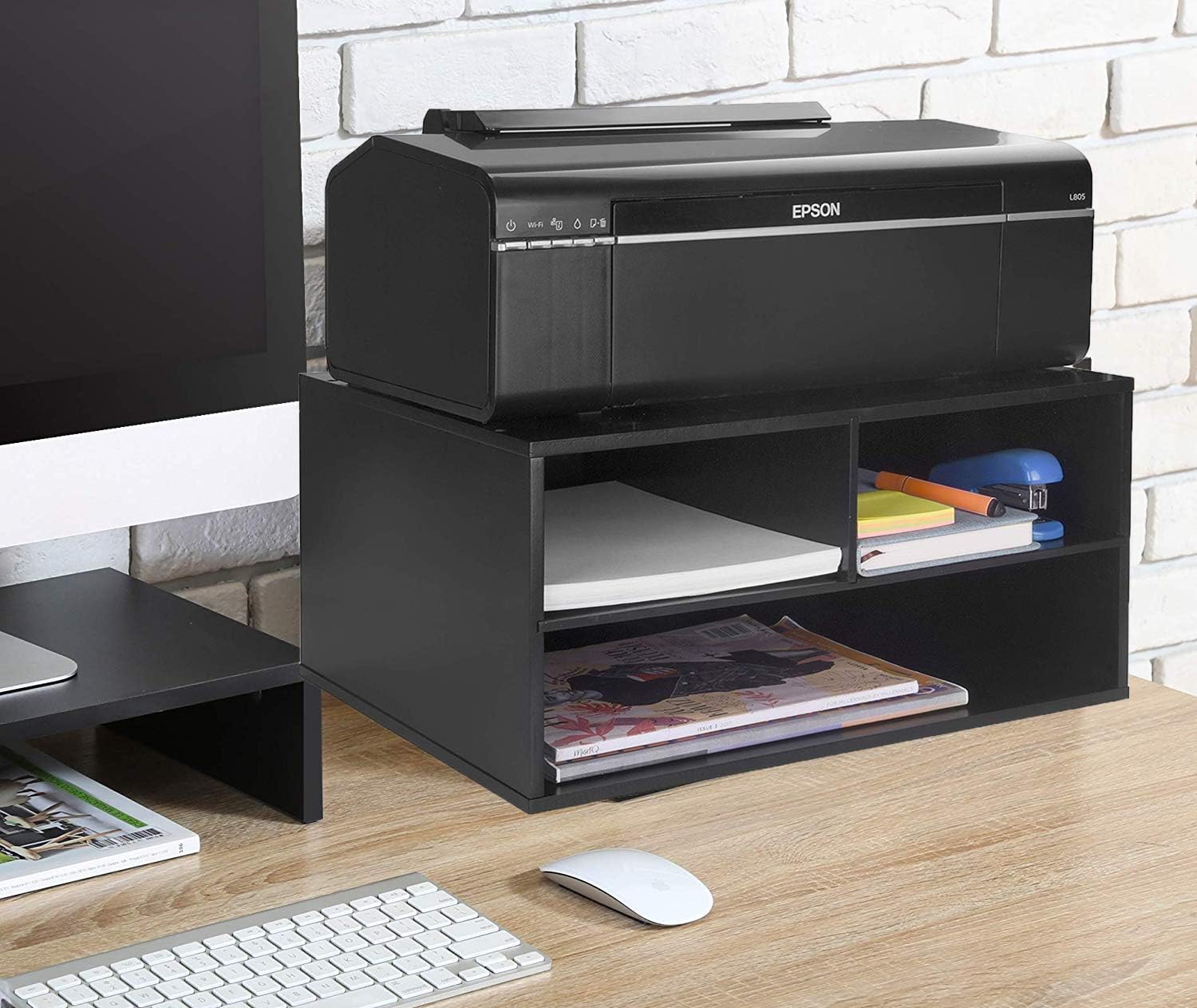 eMerit Printer Stand Shelf with Storage Wood Desk Paper Organzier for Home/Office,Printer Riser, 2 Tire (Black): Home Audio & Theater