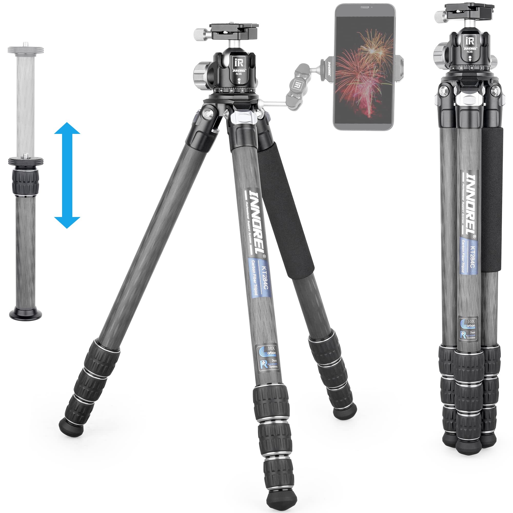 Carbon Fiber Tripod-INNOREL KT284C Professional Travel Tripod for DSLR Camera Heavy Duty Stand with 1.1in/29mm Tube Low Gravity Center 360°Panoramic ballhead Max Load 44lbs/20kg Short Center Column