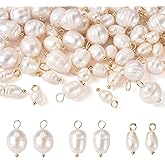 Cheriswelry 60Pcs 13-17mm Natural Freshwater Cultured Pearl Pendants White Rice Oval Pearl Charms with Brass Loop 3 Styles for DIY Necklaces Bracelets Earrings Jewelry Making