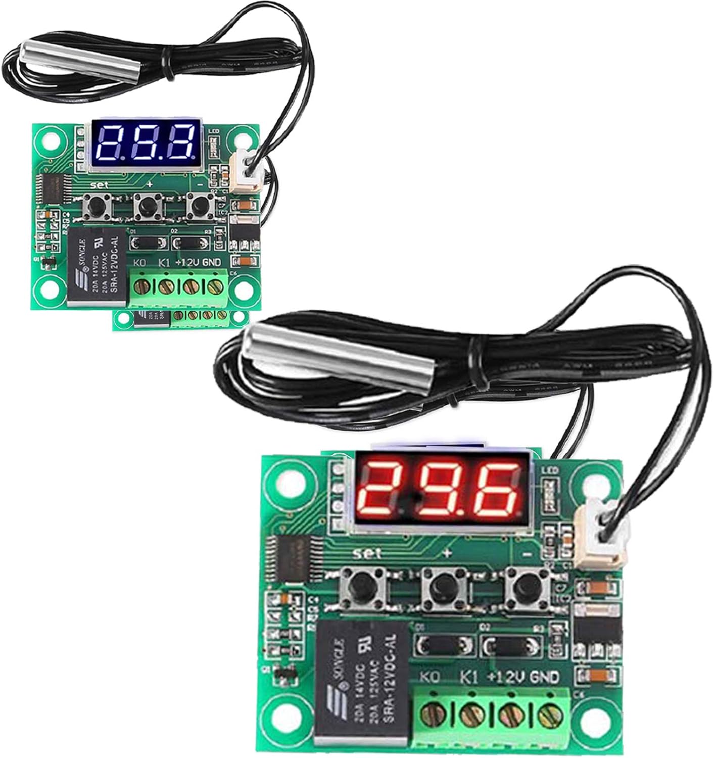 ZHITING 2PCS W1209 12V DC Termostato digital con pantalla -50~110 ℃ Módulo electrónico de control de temperatura with 10A One-channel Relay and Waterproof Sensor Probe(red&blue)
