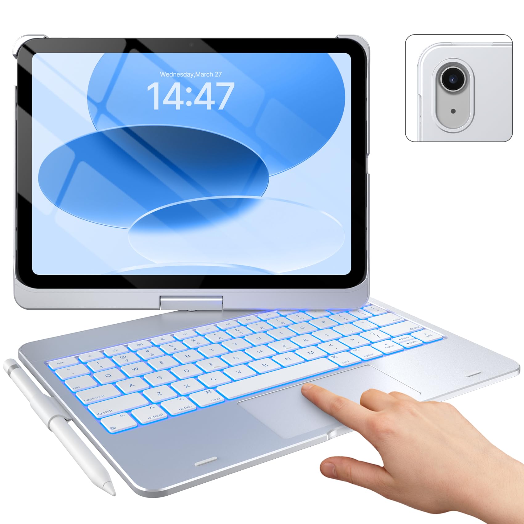 Photo 1 of typecase Touch iPad 10th Generation Case with Keyboard (10.9", 2022) and iPad A16 (11th Gen, 2025) – 360° Rotatable, 11-Color Backlit, Multi-Touch Trackpad, Thin & Light (Silver)
