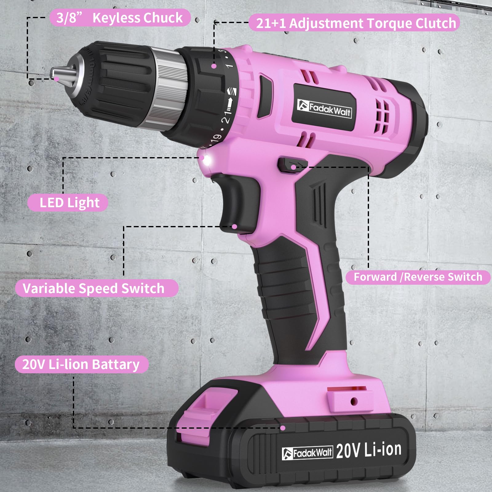 FADAKWALT Cordless Drill Set, 20V Electric Power Drill With Battery And Charger, 30N Torque, 21+1 Settings, 3/8-Inch Keyless Chuck, Driver Bits Kit, LED Light (Pink)