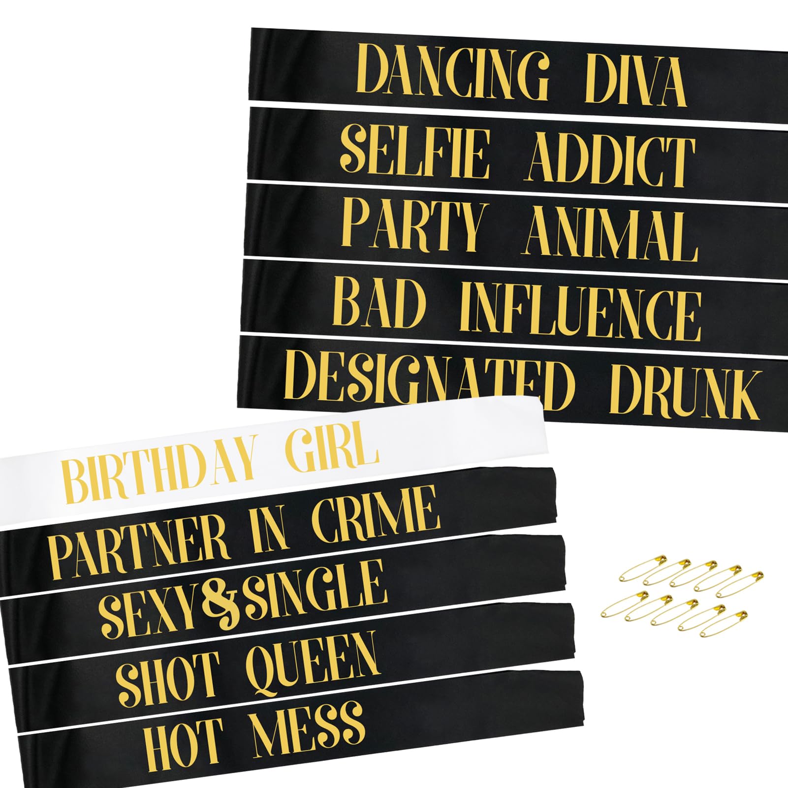 STAY GENT 10Pcs Birthday Sashes for Girls and Women, 1Pcs White Birthday Girl Sash + 9Pcs Black Party Sashes for Birthday Gifts Party Favors Decor Supplies