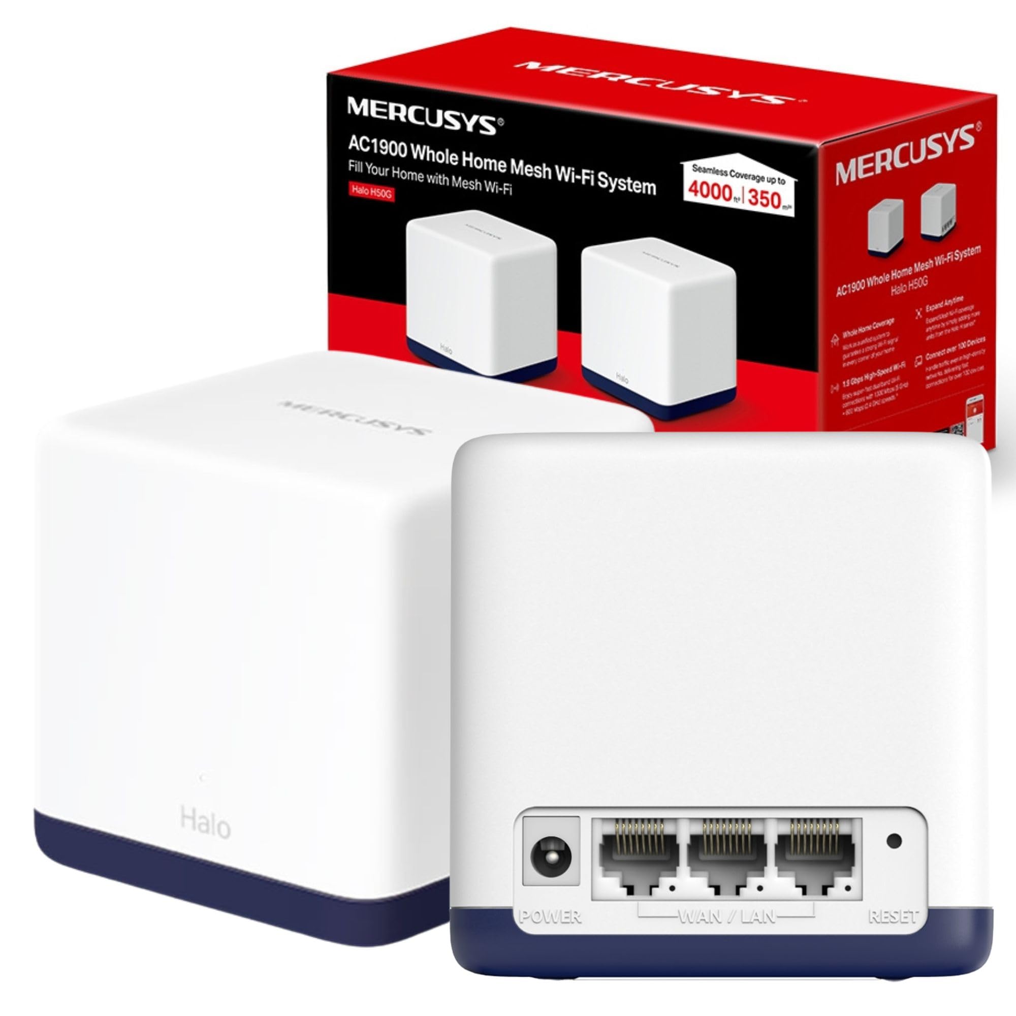 Mercusys AC1900 Whole Home Mesh Wi-Fi System, Coverage up to 4,000 ft² (350 m²) Connect over 100 Devices, Full Gigabit Ports, Dual Band Wi-Fi, Easy App Control, Halo H50G(2-pack)