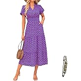 Yazinie Womens Summer Dresses V Neck Puff Short Sleeve Maxi Dress for Women Floral Beach Dress