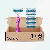 Schick Hydro Silk 3-Blade Razors for Women, 1 Handle &amp; 6 Razor Refills | 3 curve-sensing blades, Gliding Hydra-Boost serum, Slim design for bikini area, Soft touch handle