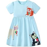 FreeLu Girls' Cotton Short Sleeve Dresses Cute Stripe Cartoon Patterned Casual Sundress