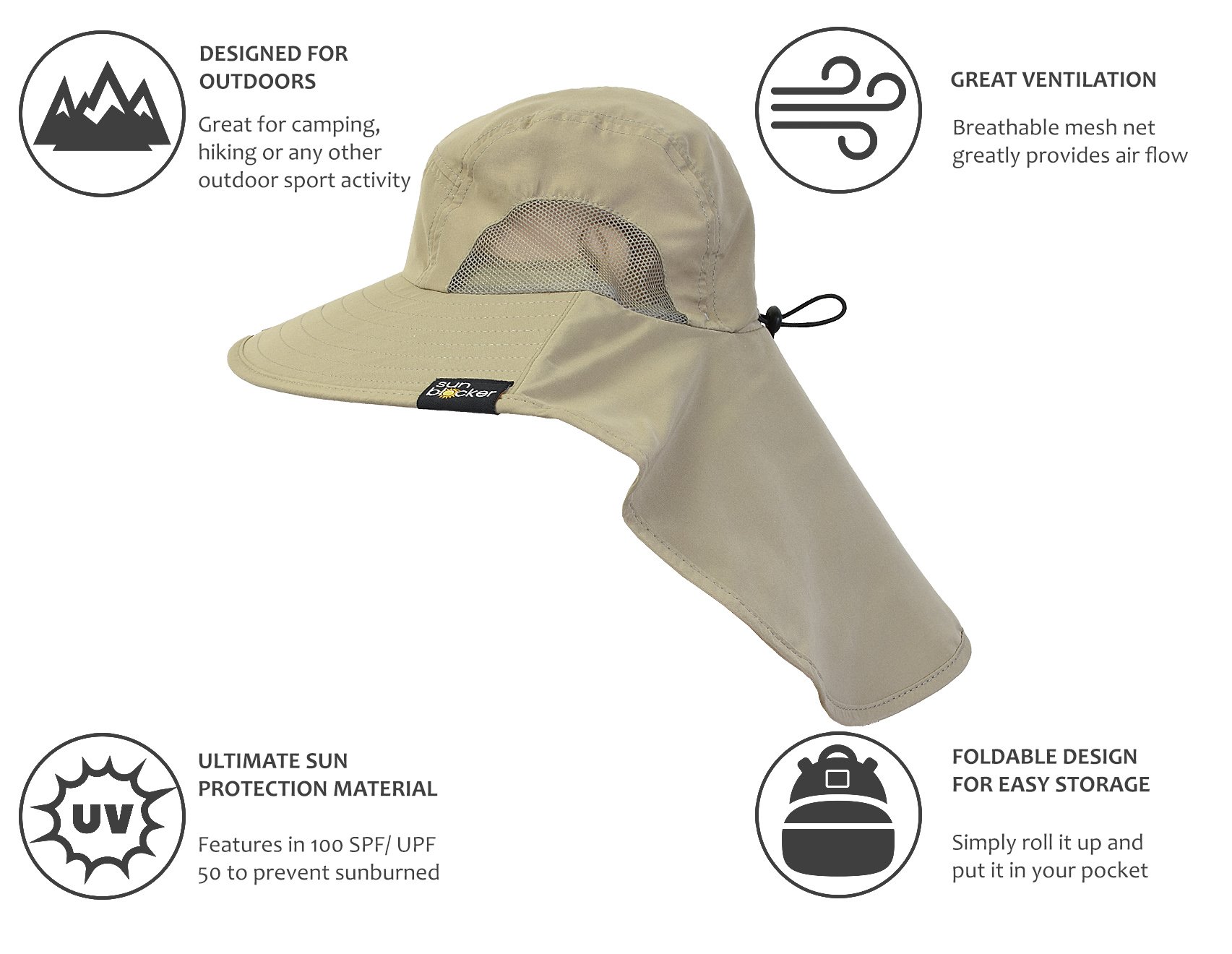 Terra Unisex Sun Hat With Neck Flap/Wide Brim/Adjustable Strap Fishing Camping Cap