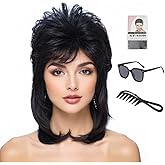 ByouByou Women’s 80s Mullet Wig Fluffy Layered Costume Wig for Halloween Cosplay & Theme Parties (Black)