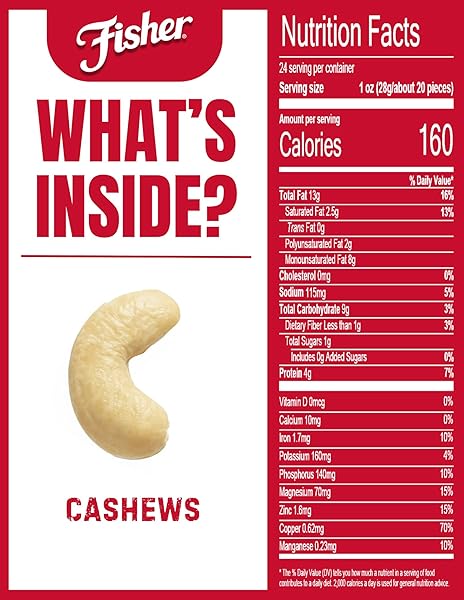 FISHER OVEN ROASTED NEVER FRIED WHOLE CASHEWS, 24 OUNCES (PACK OF 1), SNACKS FOR ADULTS, MADE WITH SEA SALT, NO ADDED OILS, ARTIFICIAL INGREDIENTS OR PRESERVATIVES, GLUTEN FREE, VEGAN PROTEIN, BULK