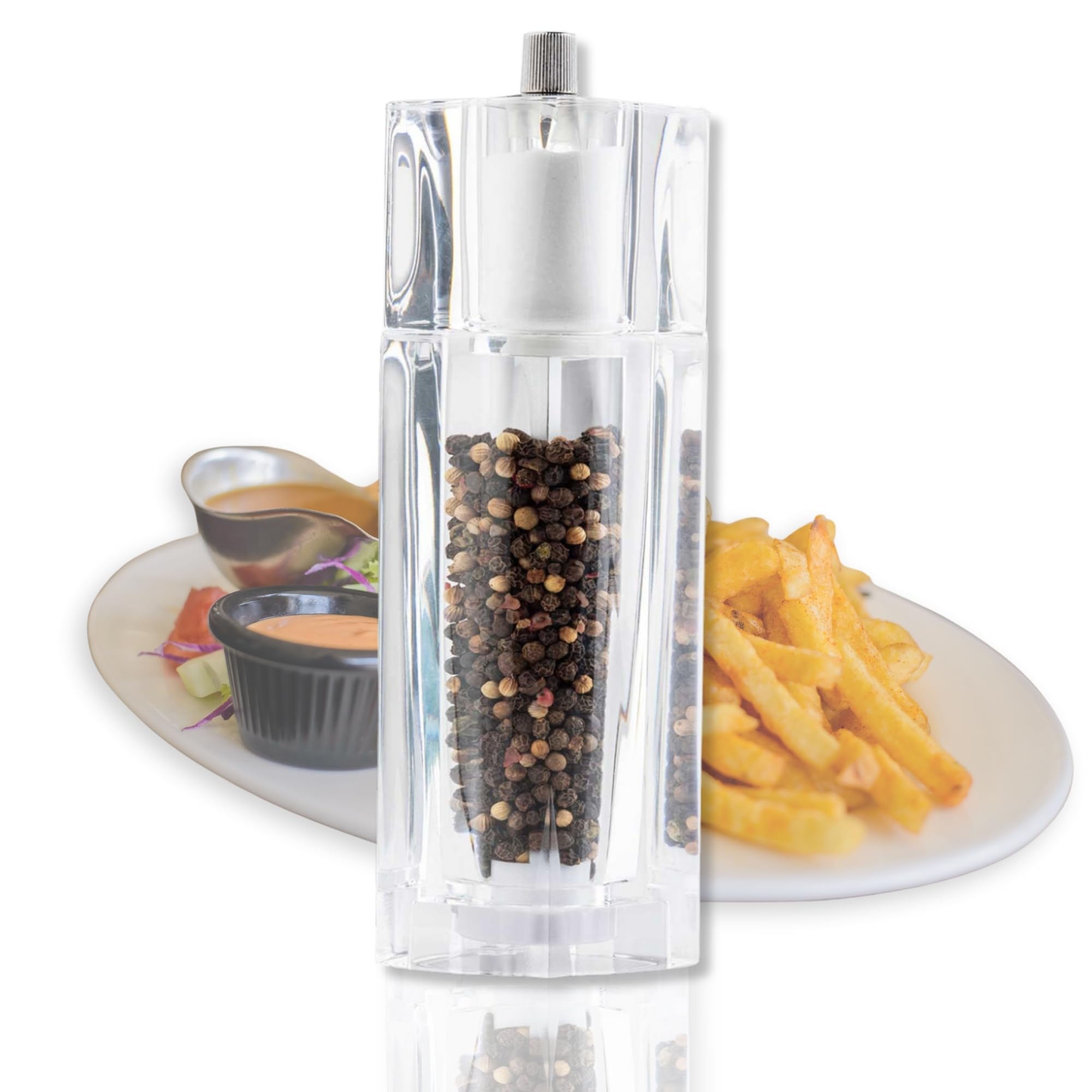Photo 1 of TableCraft 11832, Acrylic Salt and Pepper Mill Combo, 2-in-1 Grinder and Shaker, Clear, 30ml Shaker / 75ml Grinder, Break-Resistant, Square Design, Commercial Foodservice Grade