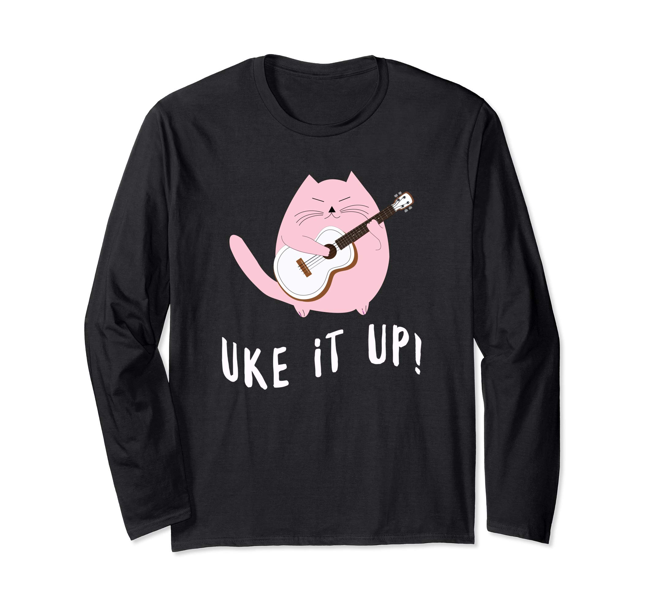 Funny Uke It Up Pink Cat Playing White Ukulele Gift Long Sleeve T-Shirt
