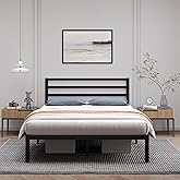 Golden Gate Beds Metal Platform Bed Frame with Headboard, Heavy Duty Steel Slats, No Box Spring Required, Noise-Free, Easy Assembly, Minimalist Design with Under-Bed Storage - Queen size, Black Finish