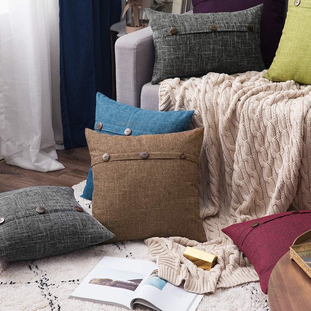 MIULEE Set of 2 Decorative Linen Throw Pillow Covers Cushion Case Triple Button Vintage Farmhouse Pillowcase for Couch Sofa Bed 16 x 16 Inch Black: Home & Kitchen