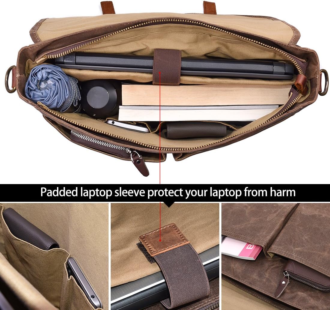 Mens Messenger Bag 15.6 Inch Waterproof Vintage Genuine Leather Waxed Canvas Briefcase Large Satchel Shoulder Bag Rugged Leather Computer Laptop Bag, Brown: Computers & Accessories