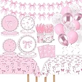 164 Pcs Pink Bow Birthday Supplies Coquette Birthday Decorations, Bow Plates Napkins Cups Banner Tablecloth Balloons Bow Theme Tableware for Girls Bachelorette Party Baby Shower Decor, Serve 24