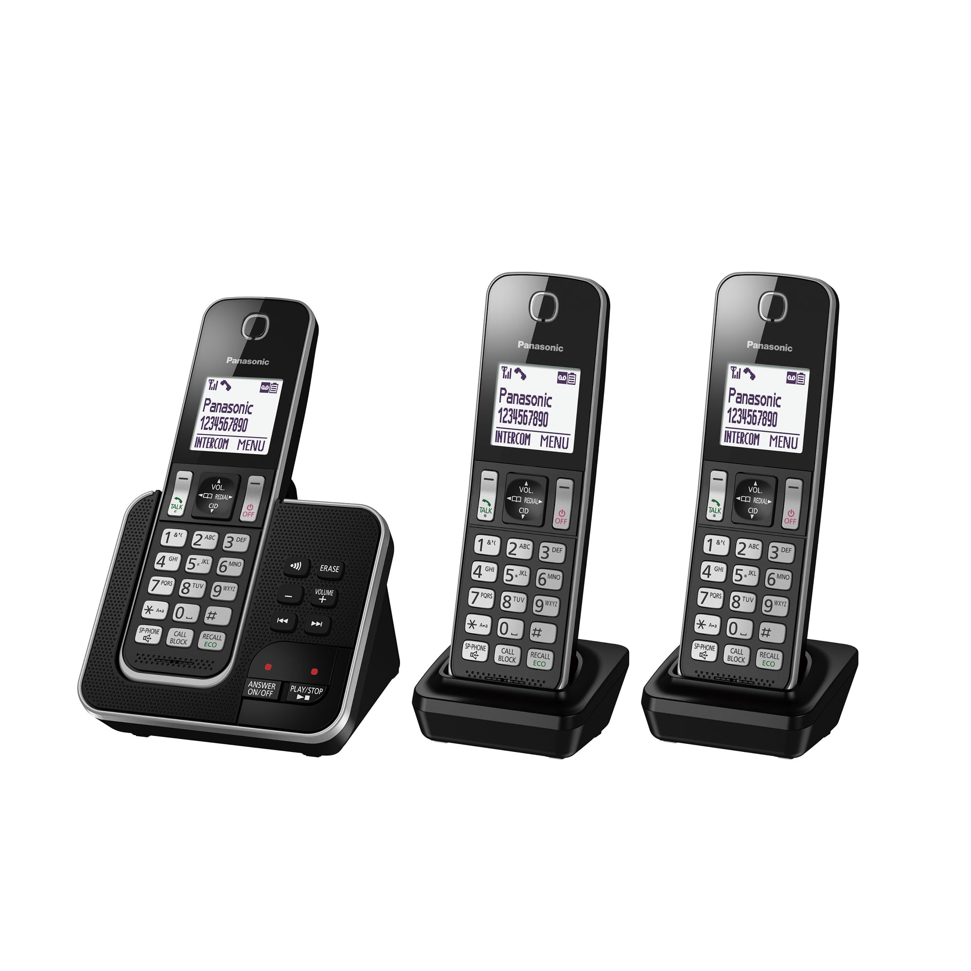 Panasonic KX-TGD623 Cordless Home Phone with dedicated call block key for easy call block registration and Digital Answering Machine - Black and Silver (Pack of 3)