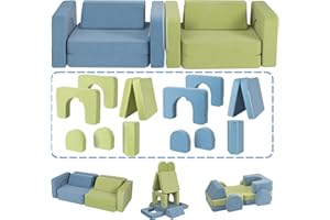 CAPAKIDS Kids Couch, Modular Kids Play Couch with 1000+ Building Options, Super Comfy Convertible Sofa for Playroom, Ideal Gift for Children，Blue/Green