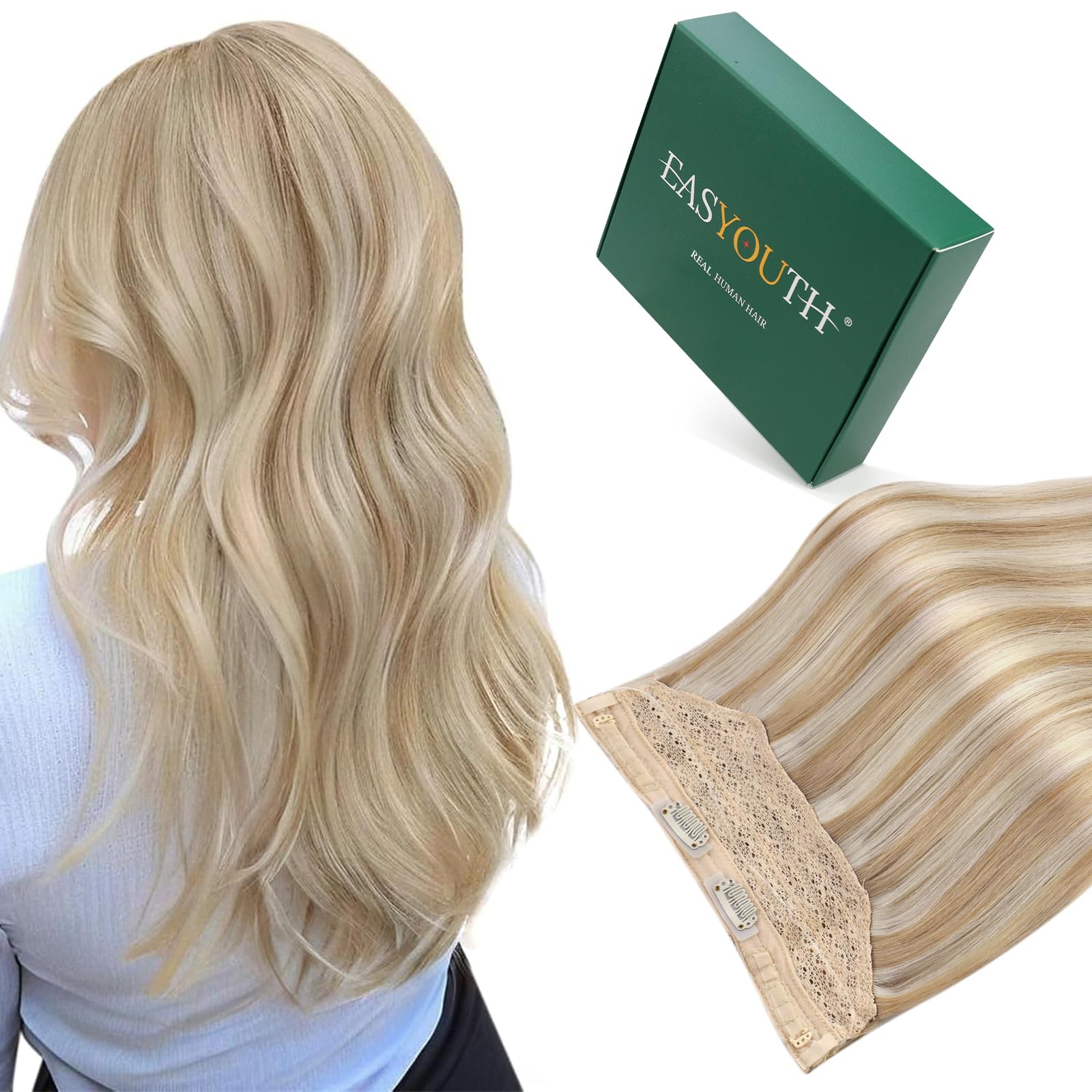 Easyouth Wire Hair Extensions Human Hair Blonde Highlight Fish Line Human Hair Extensions Honey Blonde Mixed Bleach Blond Invisible Wire Extension for Volume 12Inch 70g #27P613