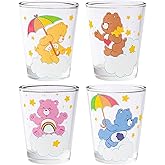 Silver Buffalo Care Bears on Clouds Featuring Funshine, Tenderheart, Cheer, and Grumpy Bear 4 Pack Mini Glass Set, 1.5 Ounces