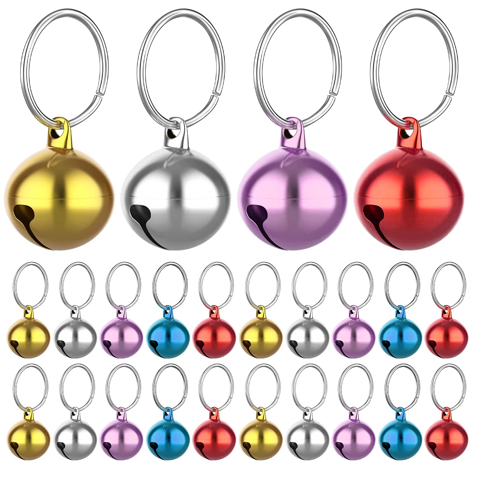 Molain 24pcs Cat Bells with Keyrings- Dog Collar Bells, Training Jingle Bell Collar Pendant Pet Accessories Festival Party DIY Small Bells (Mixed Color)