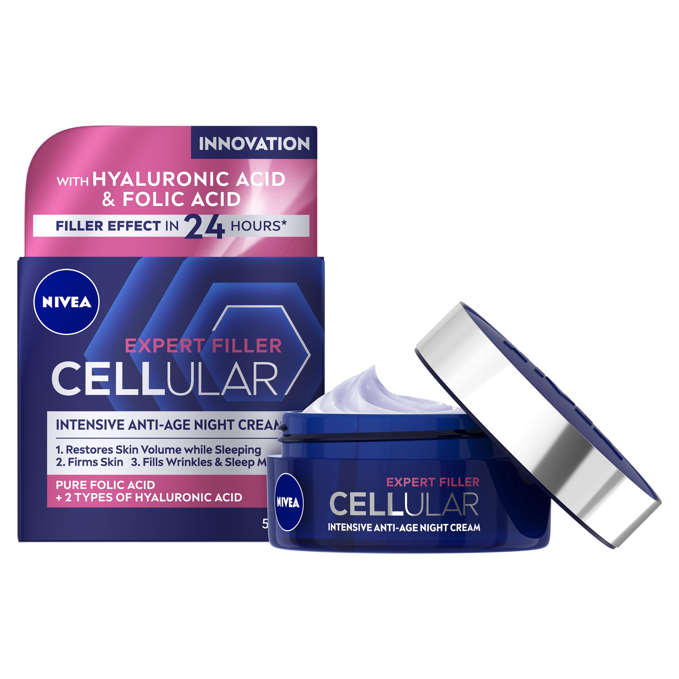 NIVEA Hyaluron Cellular Filler Anti-Age Night Cream (50ml), Night Cream for Women with Hyaluronic Acid and Magnolia Extract, Anti Wrinkle Moisturiser, Anti-Age Face Moisturiser